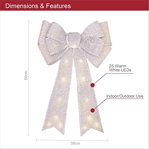 Netagon Large 50cm Hanging Battery Operated Light Up Warm White LED Glitter Fabric Christmas Tree Topper Bow (Silver)