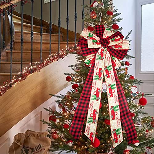 Christmas Tree Topper Bow Buffalo Plaid Red Black Burlap Christmas Bow Decoration Large Gift Bow for Xmas Tree Wreath Door Banister Farmhouse Holiday Party Decorations