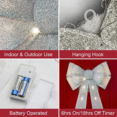 Netagon Large 50cm Hanging Battery Operated Light Up Warm White LED Glitter Fabric Christmas Tree Topper Bow (Silver)