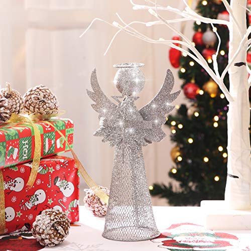 Amosfun Christmas Tree Topper 3D Angel Christmas Treetop Silver Glitter Metal Christmas Tree Decor Xmas Desktop Ornament