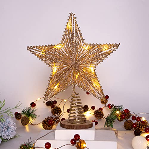 LAWOHO Christmas Tree Topper Star Champagne Gold Glittering Hollow Wire Star Topper, 10 inch Treetop Christmas Decoration for Home Festive Party Holiday Fit for General Size Christmas Tree