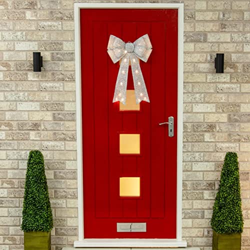 Netagon Large 50cm Hanging Battery Operated Light Up Warm White LED Glitter Fabric Christmas Tree Topper Bow (Silver)