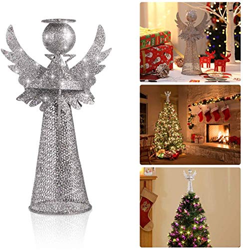 Amosfun Christmas Tree Topper 3D Angel Christmas Treetop Silver Glitter Metal Christmas Tree Decor Xmas Desktop Ornament