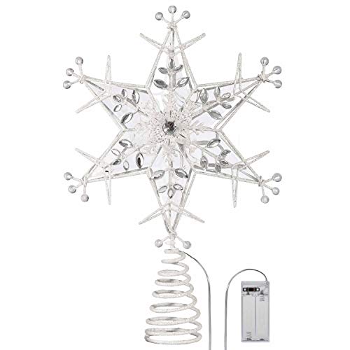 Valery Madelyn Christmas Tree Topper Decorations, 12Inch/30cm Pre-Lit Frozen Winter White Metal Star with 10 Warm LED Lights, Battery Operated (Not Included)