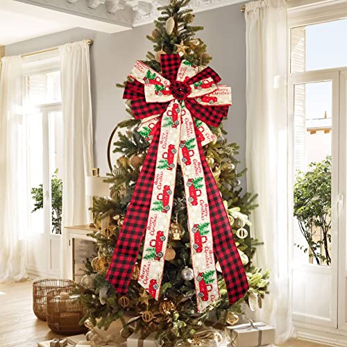 Christmas Tree Topper Bow Buffalo Plaid Red Black Burlap Christmas Bow Decoration Large Gift Bow for Xmas Tree Wreath Door Banister Farmhouse Holiday Party Decorations