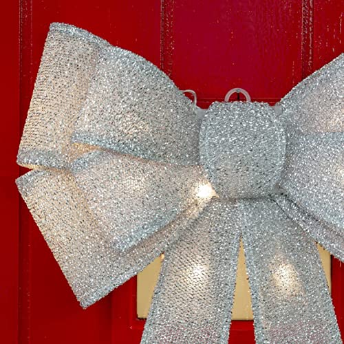 Netagon Large 50cm Hanging Battery Operated Light Up Warm White LED Glitter Fabric Christmas Tree Topper Bow (Silver)