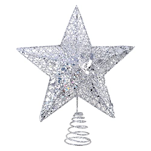 KEYIDO Silver Tree Star Christmas Tree Topper Metal Christmas Tree Star Topper for Xmas Tree Topper Ornaments Christmas Home Decoration 25cm/10Inch