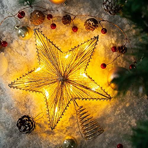 LAWOHO Christmas Tree Topper Star Champagne Gold Glittering Hollow Wire Star Topper, 10 inch Treetop Christmas Decoration for Home Festive Party Holiday Fit for General Size Christmas Tree
