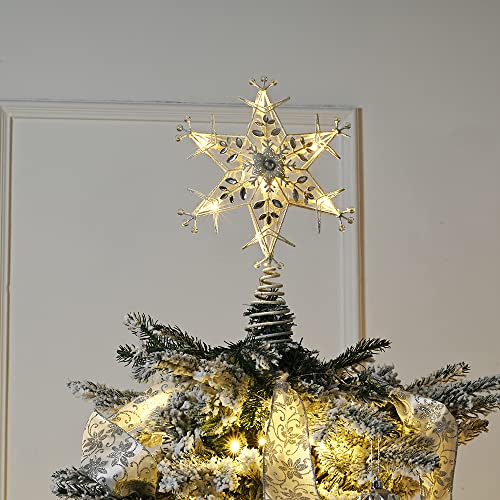 Valery Madelyn Christmas Tree Topper Decorations, 12Inch/30cm Pre-Lit Frozen Winter White Metal Star with 10 Warm LED Lights, Battery Operated (Not Included)