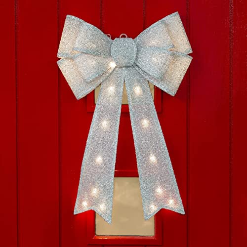Netagon Large 50cm Hanging Battery Operated Light Up Warm White LED Glitter Fabric Christmas Tree Topper Bow (Silver)