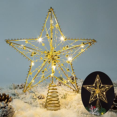 Illuminated Christmas Tree Topper Star Ornaments Battery Operated with Exquisite Gold Beads Warm Lights Treetop for Xmas Decorations Holiday Seasonal Decor