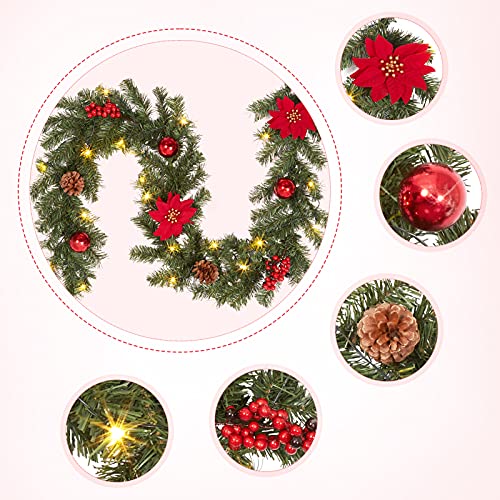 Adeeing Artificial Christmas Garland with 20 LED Lights, 6 FT Pre-lit Red Garland with Pine Cone Baubles Berry Xmas Flower ON/OFF Lighted Wreath for Door Fireplace Stairs Table Decoration