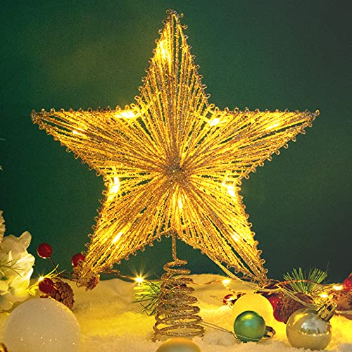 LAWOHO Christmas Tree Topper Star Champagne Gold Glittering Hollow Wire Star Topper, 10 inch Treetop Christmas Decoration for Home Festive Party Holiday Fit for General Size Christmas Tree