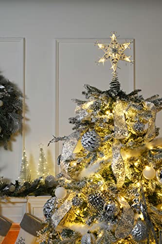 Valery Madelyn Christmas Tree Topper Decorations, 12Inch/30cm Pre-Lit Frozen Winter White Metal Star with 10 Warm LED Lights, Battery Operated (Not Included)