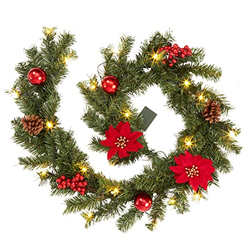 Adeeing Artificial Christmas Garland with 20 LED Lights, 6 FT Pre-lit Red Garland with Pine Cone Baubles Berry Xmas Flower ON/OFF Lighted Wreath for Door Fireplace Stairs Table Decoration