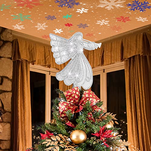 Christmas Tree Topper, Orenic Angel Tree Topper Lighted with LED Rotating Colorful Snowflake Projector, Silver Tree Topper Angel for Xmas/Christmas Tree Decorations