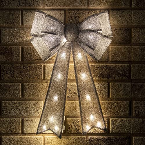 Netagon Large 50cm Hanging Battery Operated Light Up Warm White LED Glitter Fabric Christmas Tree Topper Bow (Silver)