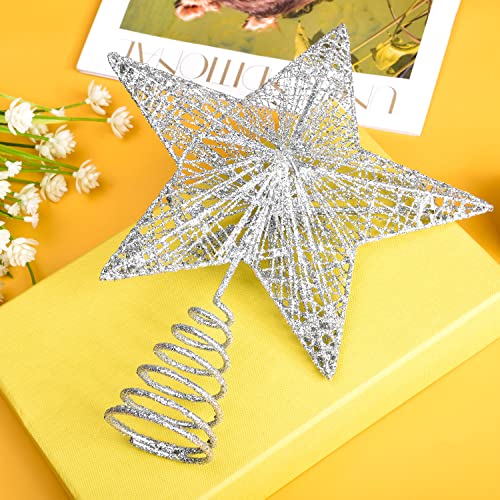 Geviro Silver Christmas Tree Star Topper Metal Glittered Xmas Tree Topper Xmas Star Decorations for Trees (Silver)