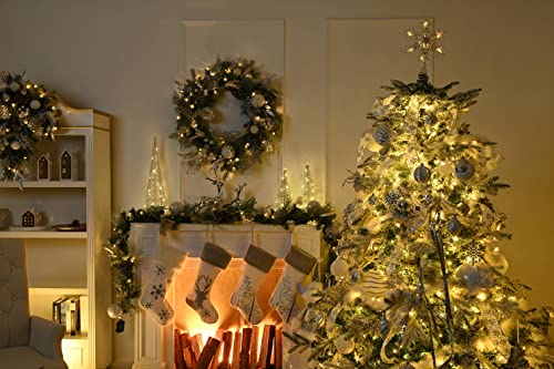 Valery Madelyn Christmas Tree Topper Decorations, 12Inch/30cm Pre-Lit Frozen Winter White Metal Star with 10 Warm LED Lights, Battery Operated (Not Included)