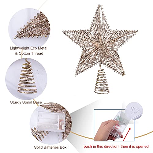 LAWOHO Christmas Tree Topper Star Champagne Gold Glittering Hollow Wire Star Topper, 10 inch Treetop Christmas Decoration for Home Festive Party Holiday Fit for General Size Christmas Tree