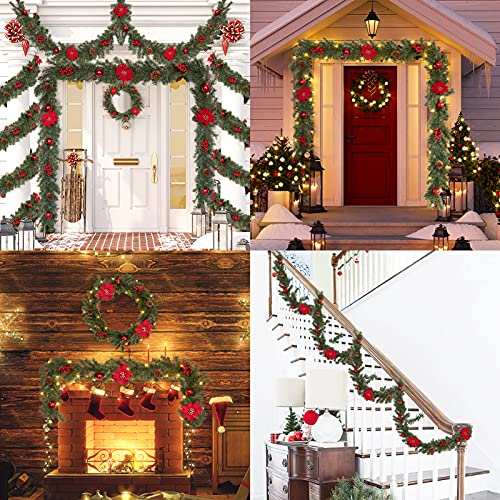 Adeeing Artificial Christmas Garland with 20 LED Lights, 6 FT Pre-lit Red Garland with Pine Cone Baubles Berry Xmas Flower ON/OFF Lighted Wreath for Door Fireplace Stairs Table Decoration