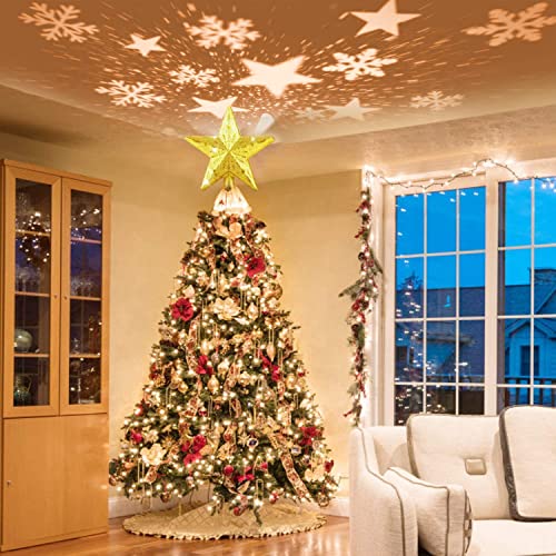 Christmas Tree Topper with LED Light Up Projector, 2 in 1 Gold Star Xmas Tree Topper, USB Powered Revolving Star Snow Projector for Christmas Tree Decorations Home Party Bedroom
