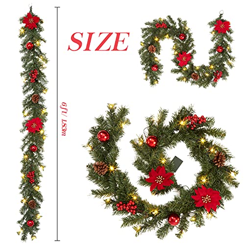 Adeeing Artificial Christmas Garland with 20 LED Lights, 6 FT Pre-lit Red Garland with Pine Cone Baubles Berry Xmas Flower ON/OFF Lighted Wreath for Door Fireplace Stairs Table Decoration