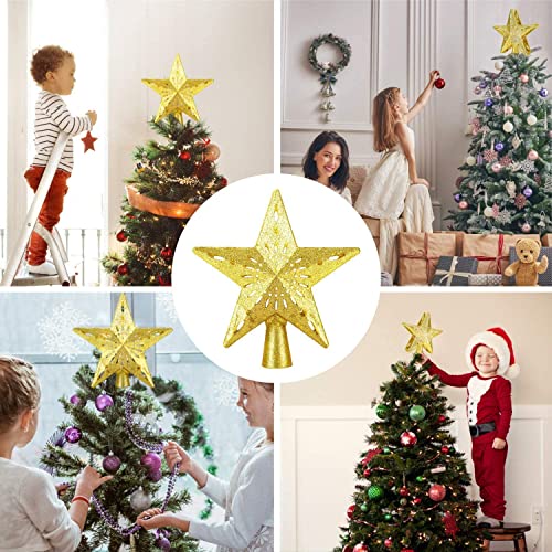 Christmas Tree Topper with LED Light Up Projector, 2 in 1 Gold Star Xmas Tree Topper, USB Powered Revolving Star Snow Projector for Christmas Tree Decorations Home Party Bedroom