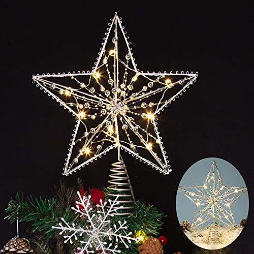 Sliver Christmas Tree Topper Star Decorations Xmas Tree Ornaments with Exquisite Beads 10 Warm LED Lights for Indoor Home Decor (5-Point Hollow Star)
