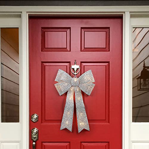 Taylor & Brown 60cm Large Light Up Christmas Bow Decoration With 20 Warm LED Lights Door Tree Topper Display Xmas Home Decor Indoor Outdoor (Silver)