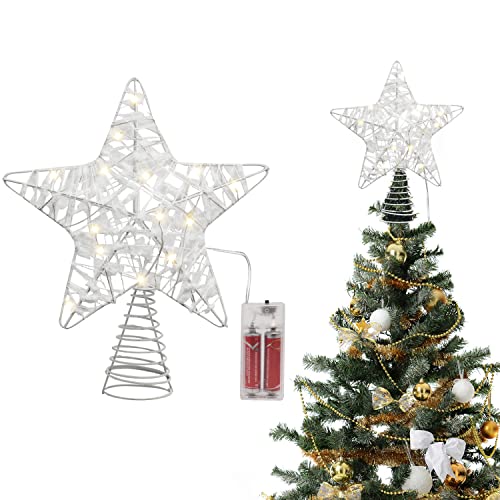 Belle Vous Christmas Tree Topper - (24 x 22cm) White Christmas Star Tree Topper - 3D Metal Star with Snow Top Texture - Xmas Tree Topper Decoration Ornament with 18 LED Lights (Battery not Included)