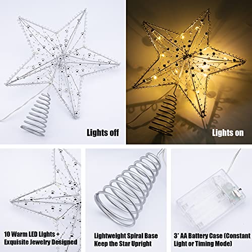 Sliver Christmas Tree Topper Star Decorations Xmas Tree Ornaments with Exquisite Beads 10 Warm LED Lights for Indoor Home Decor (5-Point Hollow Star)