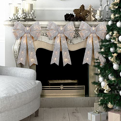 Taylor & Brown 60cm Large Light Up Christmas Bow Decoration With 20 Warm LED Lights Door Tree Topper Display Xmas Home Decor Indoor Outdoor (Silver)