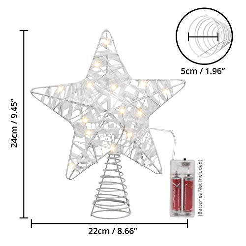 Belle Vous Christmas Tree Topper - (24 x 22cm) White Christmas Star Tree Topper - 3D Metal Star with Snow Top Texture - Xmas Tree Topper Decoration Ornament with 18 LED Lights (Battery not Included)