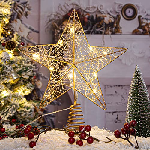Christmas Star Tree Topper - Xmas Tree Topper Light with 10 LED Warm Lights - Rustic Farmhouse Metal Christmas Decorations - Xmas Gold Tree Topper - Christmas Tree Decorations Gifts