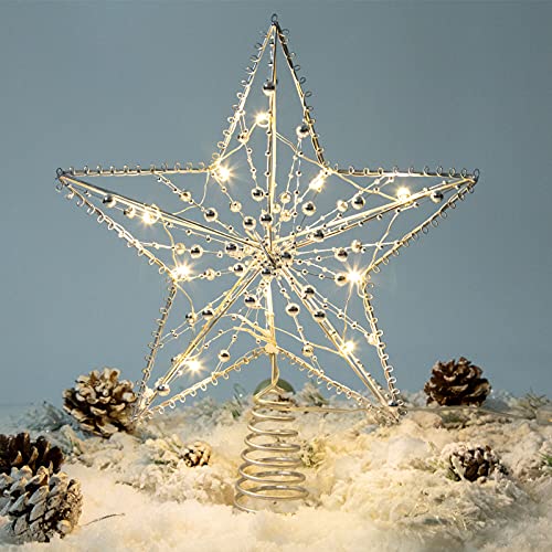 Sliver Christmas Tree Topper Star Decorations Xmas Tree Ornaments with Exquisite Beads 10 Warm LED Lights for Indoor Home Decor (5-Point Hollow Star)