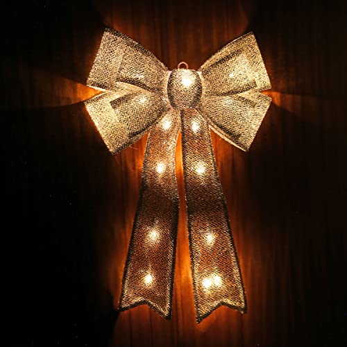 Taylor & Brown 60cm Large Light Up Christmas Bow Decoration With 20 Warm LED Lights Door Tree Topper Display Xmas Home Decor Indoor Outdoor (Silver)