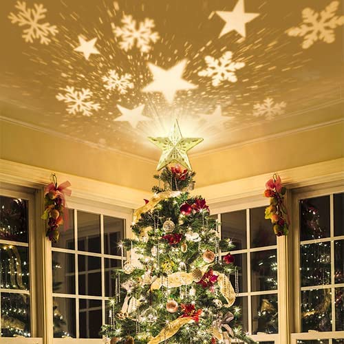 Christmas Tree Topper with LED Light Up Projector, 2 in 1 Gold Star Xmas Tree Topper, USB Powered Revolving Star Snow Projector for Christmas Tree Decorations Home Party Bedroom