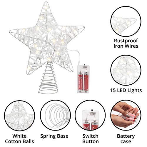 Belle Vous Christmas Tree Topper - (24 x 22cm) White Christmas Star Tree Topper - 3D Metal Star with Snow Top Texture - Xmas Tree Topper Decoration Ornament with 18 LED Lights (Battery not Included)