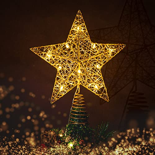 Christmas Star Tree Topper - Xmas Tree Topper Light with 10 LED Warm Lights - Rustic Farmhouse Metal Christmas Decorations - Xmas Gold Tree Topper - Christmas Tree Decorations Gifts