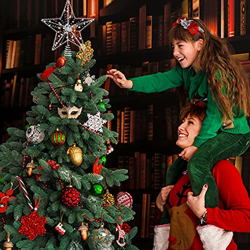 Sliver Christmas Tree Topper Star Decorations Xmas Tree Ornaments with Exquisite Beads 10 Warm LED Lights for Indoor Home Decor (5-Point Hollow Star)