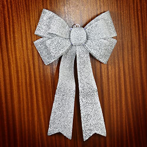 Taylor & Brown 60cm Large Light Up Christmas Bow Decoration With 20 Warm LED Lights Door Tree Topper Display Xmas Home Decor Indoor Outdoor (Silver)
