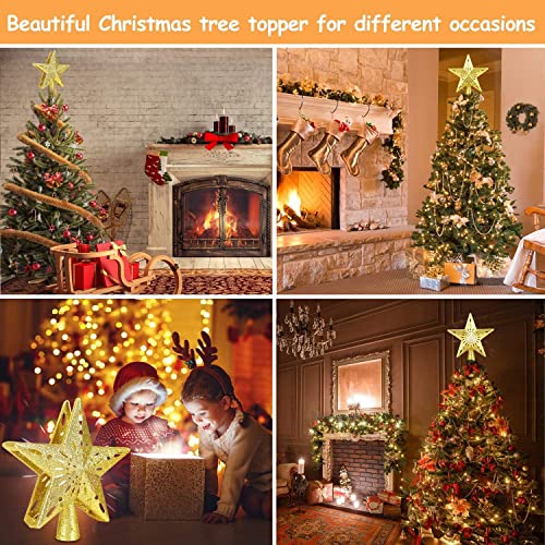 Christmas Tree Topper with LED Light Up Projector, 2 in 1 Gold Star Xmas Tree Topper, USB Powered Revolving Star Snow Projector for Christmas Tree Decorations Home Party Bedroom