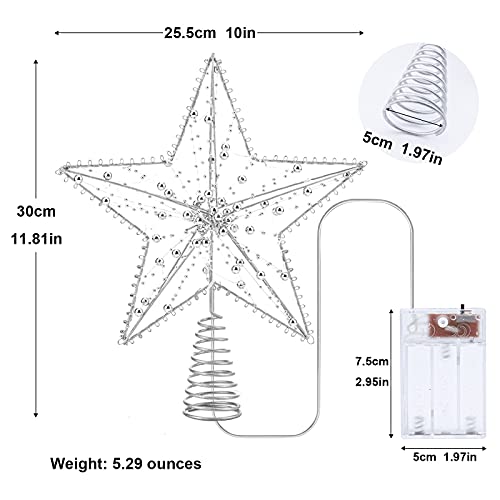 Sliver Christmas Tree Topper Star Decorations Xmas Tree Ornaments with Exquisite Beads 10 Warm LED Lights for Indoor Home Decor (5-Point Hollow Star)