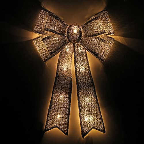 Taylor & Brown 60cm Large Light Up Christmas Bow Decoration With 20 Warm LED Lights Door Tree Topper Display Xmas Home Decor Indoor Outdoor (Silver)