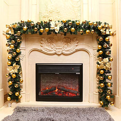 1.8M/6Ft Christmas Garland for Stairs, Christmas Decorated Garlands with Bow Flowers Ball Artificial Xmas Tree Galand for Indoor Outdoor Christmas Festival Tree Display Decor (Gold)
