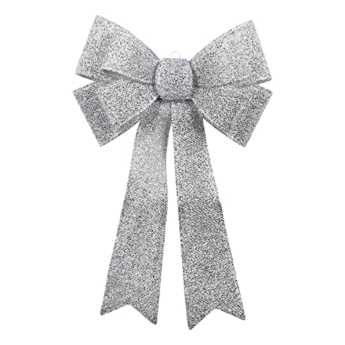 Taylor & Brown 60cm Large Light Up Christmas Bow Decoration With 20 Warm LED Lights Door Tree Topper Display Xmas Home Decor Indoor Outdoor (Silver)