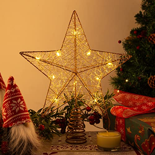 Christmas Star Tree Topper - Xmas Tree Topper Light with 10 LED Warm Lights - Rustic Farmhouse Metal Christmas Decorations - Xmas Gold Tree Topper - Christmas Tree Decorations Gifts