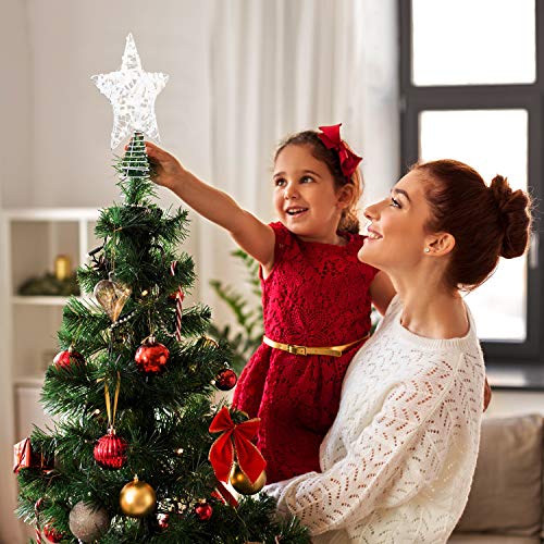 Belle Vous Christmas Tree Topper - (24 x 22cm) White Christmas Star Tree Topper - 3D Metal Star with Snow Top Texture - Xmas Tree Topper Decoration Ornament with 18 LED Lights (Battery not Included)