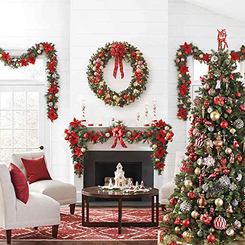 1.8M/6Ft Christmas Garland for Stairs, Christmas Decorated Garlands with Bow Flowers Ball Artificial Xmas Tree Galand for Indoor Outdoor Christmas Festival Tree Display Decor (Gold)